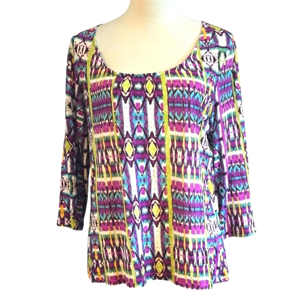 Chico's 2 Multicolor Geometric Women's Blouse Size 12 (M) 3/4 Sleeve Pullover
